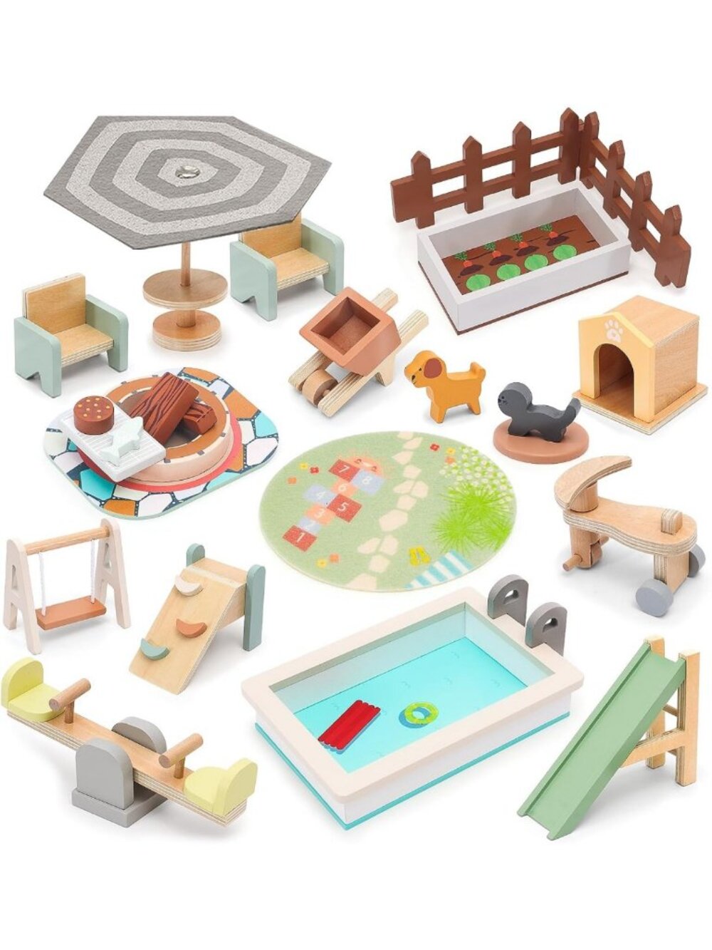 Wooden Dollhouse Furniture & Accessories Set - Slide, Swing, BBQ Grill, Pool